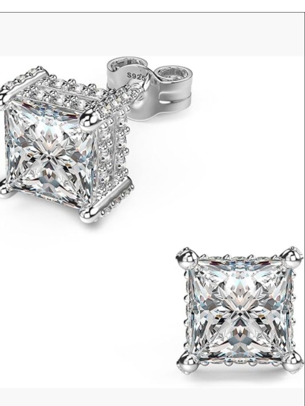 Princess Cut 2 CTW Moissanite stud Earrings set in 925 Sterling Silver NIB